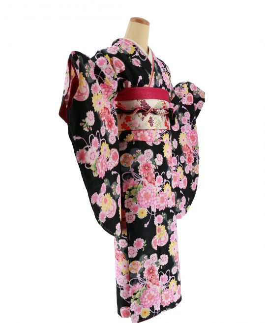 十三参り用の女の子着物[ガーリー]黒にピンクの菊と鞠[身長157cmまで]No.727